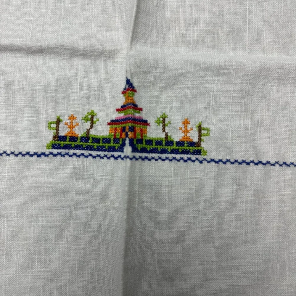 Vintage Cross Stitched Tablecloth Asian Style Pagoda